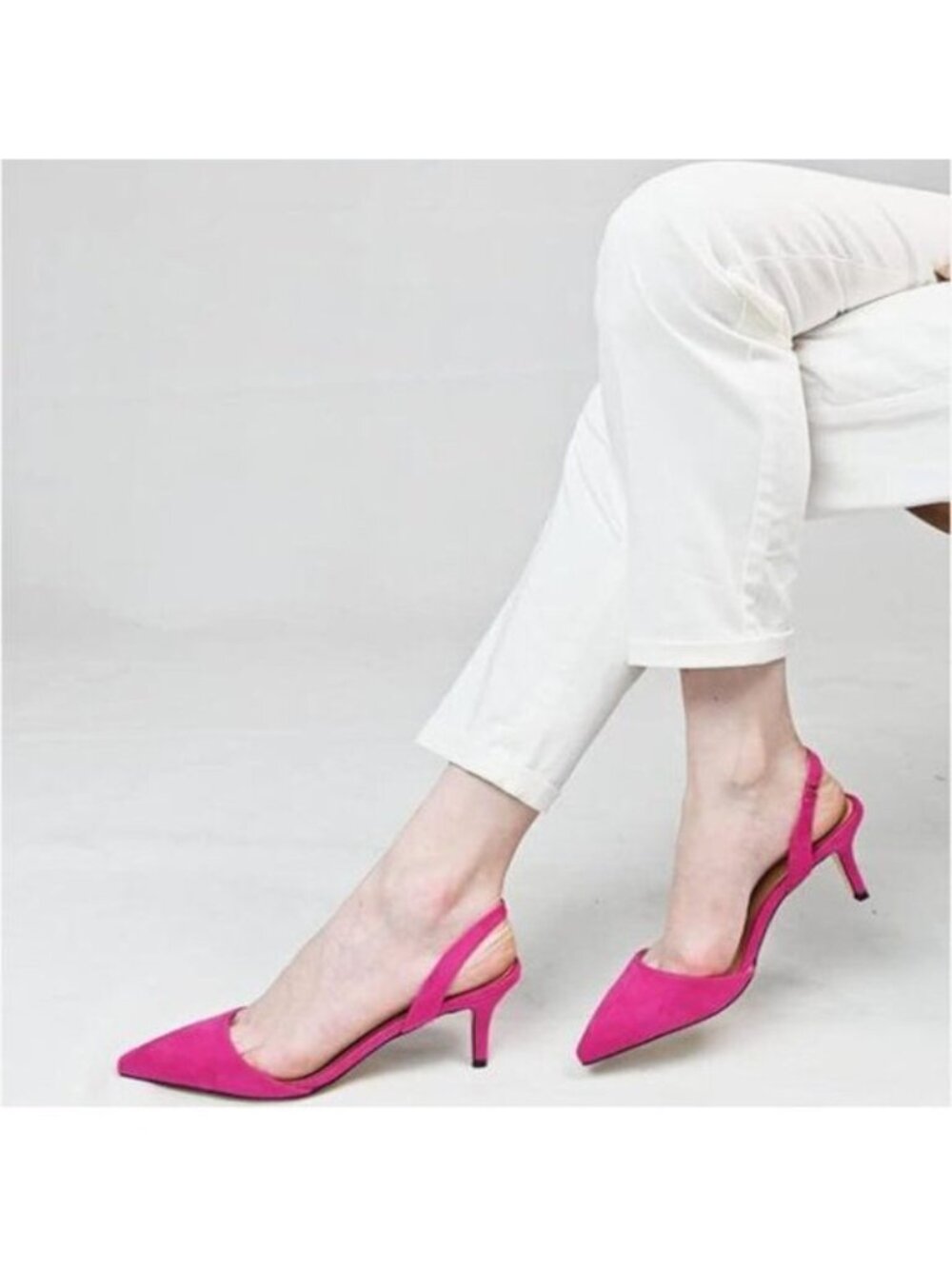 FSJ Hot Pink Mid Heels Pointed Toe Slingback Sandals Party Casual Dress Shoes